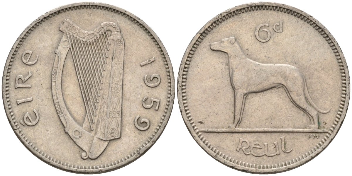 Ирландия 6 пенсов 1959 ирландский волкодав KM 13a медно-никель 4146-446