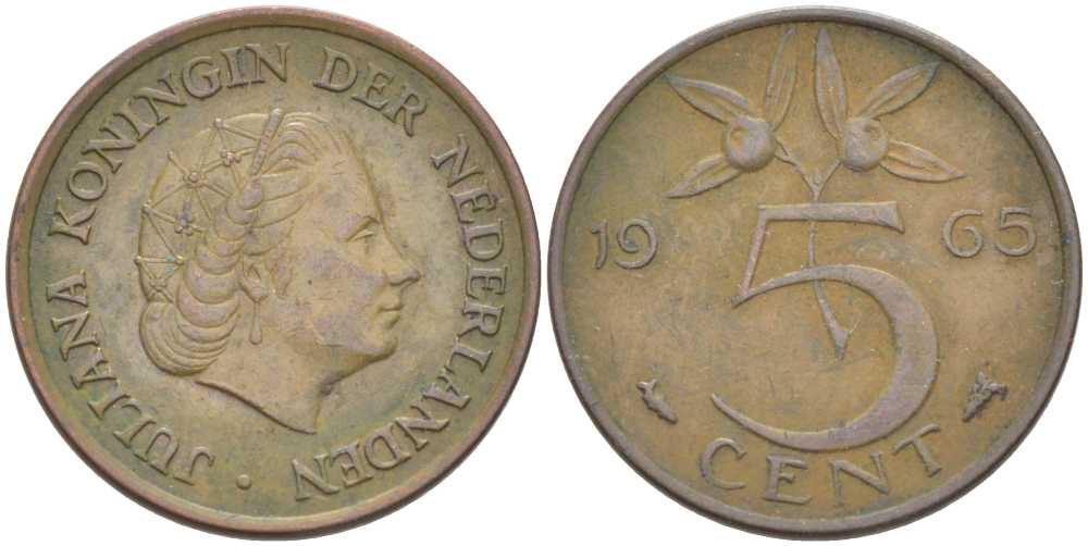 Нидерланды 5 центов 1965 Юлиана (1949-1980) KM 181 бронза 213-1044