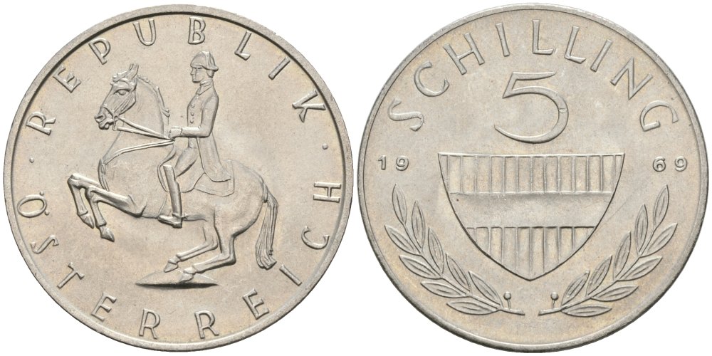 Австрия 5 шиллингов 1969 KM 2889a медно-никель UNC 4579-343