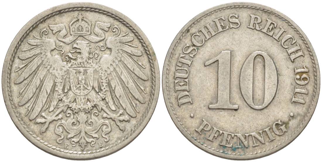 Германия 10 пфеннигов 1911 E KM 12, Jager 13, Weege 8 медно-никель 219-215