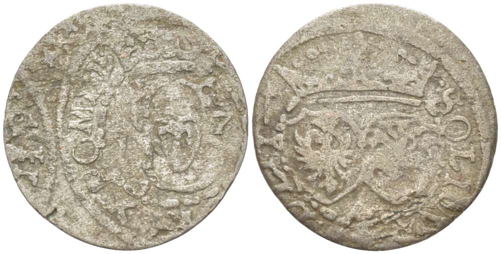 Великое княжество Литовское 2 денария 1627 Сигизмунд III (1587-1632), вес 0,76 гр., СДВИГ ШТЕМПЕЛЯ KM 31 серебро 1517-342