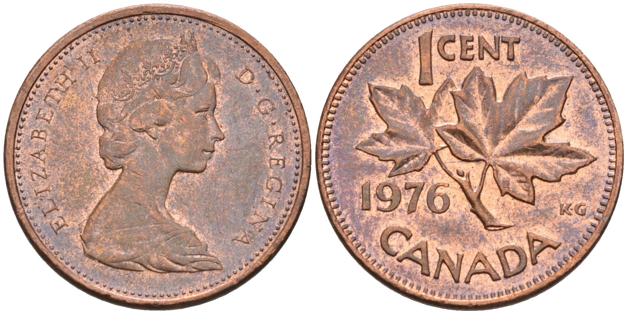 Канада 1 цент 1976 Елизавета II (1952-2022), кленовый лист KM 59.1 бронза 4147-259