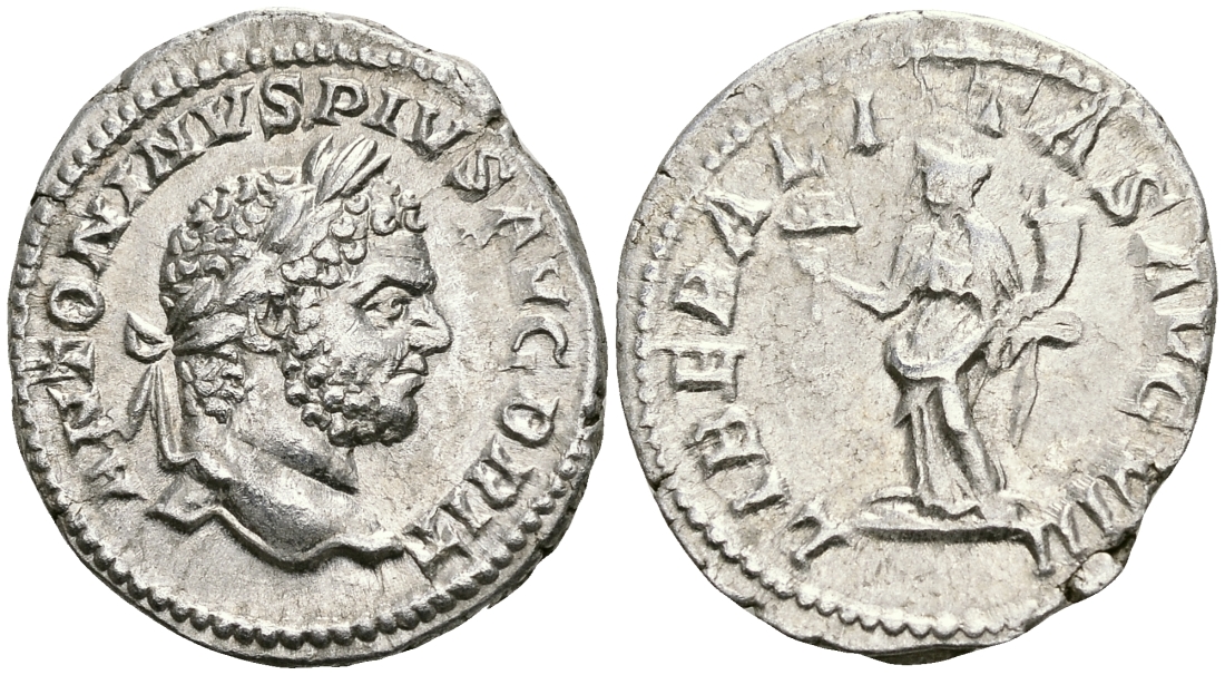 Римская Империя денарий 210 - 213 Каракалла LIBERALITAS AVG VIII Либералитата, персонификация Щедрости Рим Good Very fine RIC 219 серебро 1073-4-102