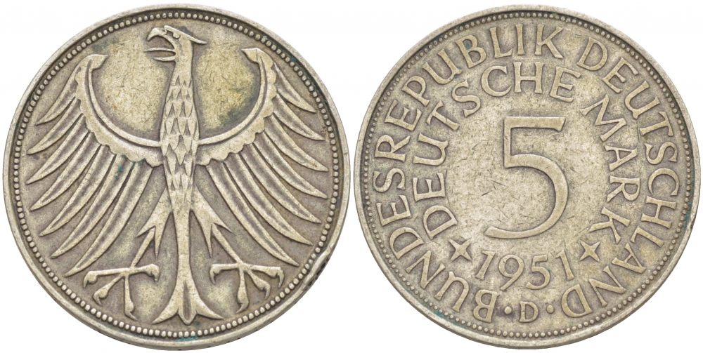 ФРГ 5 марок 1951 D J. 387, KM 112.1 серебро 115-1014