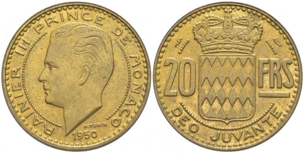 Монако 20 франков 1950 Ренье III (1949-2005) KM 131 алюминиевая бронза 4402-644