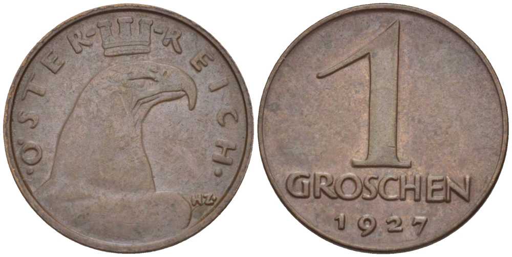 АВСТРИЯ 1 ГРОШ 1927 ДОВОЕННАЯ ДЕСЯТИЧНАЯ ЧЕКАНКА KM 2836 бронза 201-155