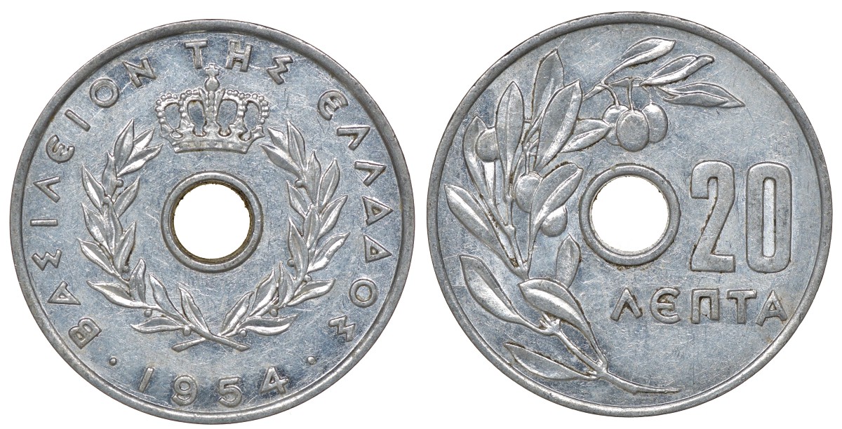 Греция 20 лепта 1954 Павел I (1947-1964), оливковая ветвь KM 79 алюминий 4163-524