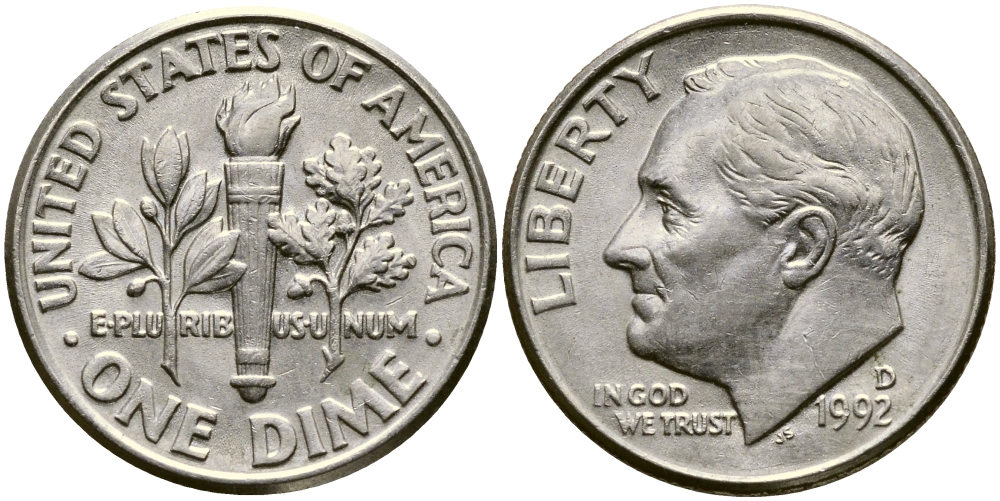США 10 ЦЕНТОВ = 1 ДАЙМ 1992 D, РУЗВЕЛЬТ KM 195а медь плакированная медно-никелем 46-2053