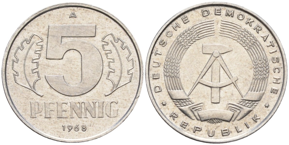 ГДР 5 пфеннигов 1968 A KM 9.1 алюминий 4174-942