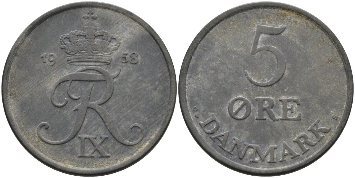 Дания 5 эре 1958 Фредерик IX (1947-1972) KM 843 цинк 88-1244