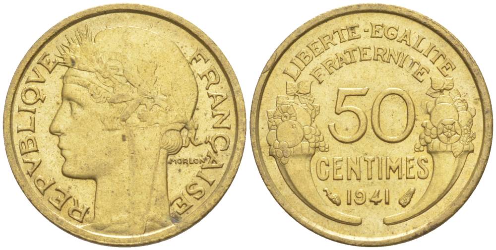 ФРАНЦИЯ 50 САНТИМОВ 1941 ТИП MORLON KM 894.1, LE FRANC 192.18 алюминиевая бронза 44-554