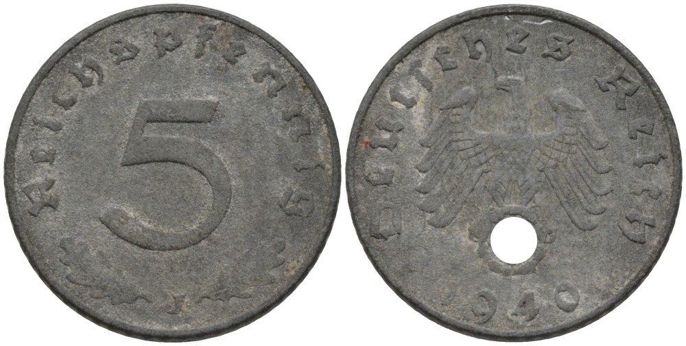 Германия 5 рейхспфеннигов 1940 J, монетный двор Гамбург  KM 100, J. 370 цинк 186-721