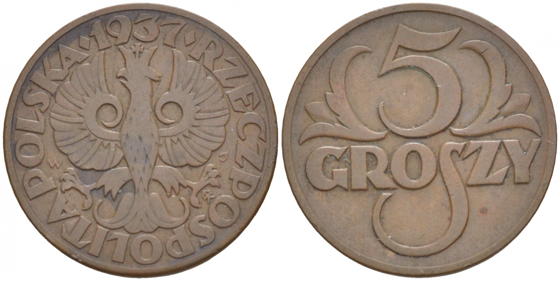 ПОЛЬША 5 ГРОШЕЙ 1937 w KM 10a бронза 4549-237