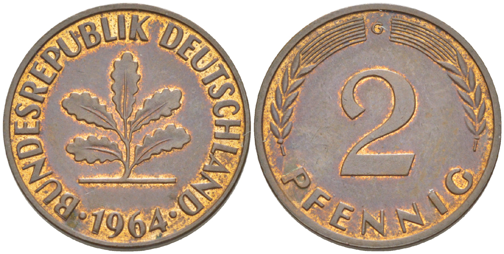 ФРГ 2 ПФЕННИГА 1964 G KM 106, J. 381 бронза 4181-741