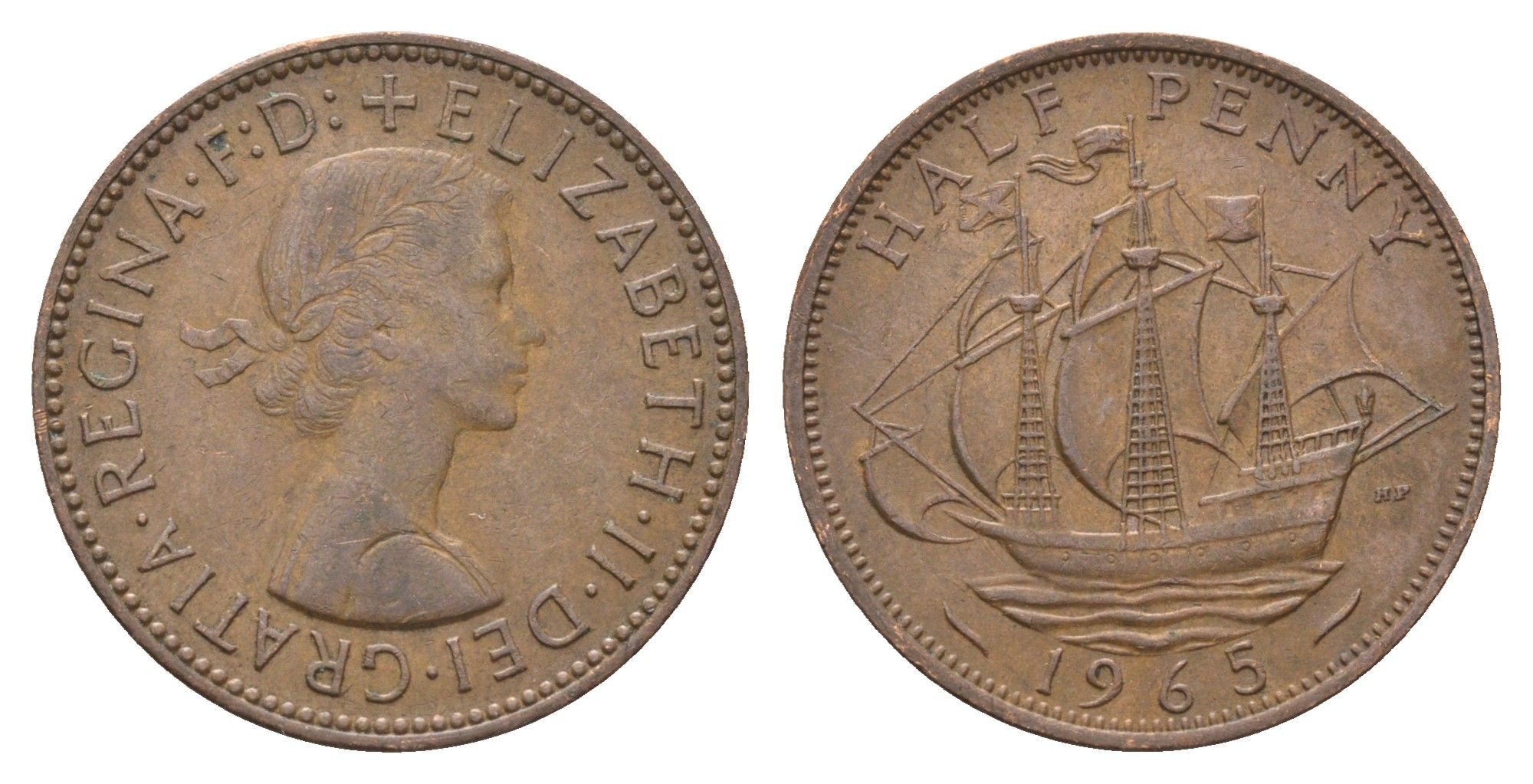 Великобритания 1/2 пенни 1965 Елизавета II (1952-2022) KM 896, Spink 4158 бронза 4662-1243