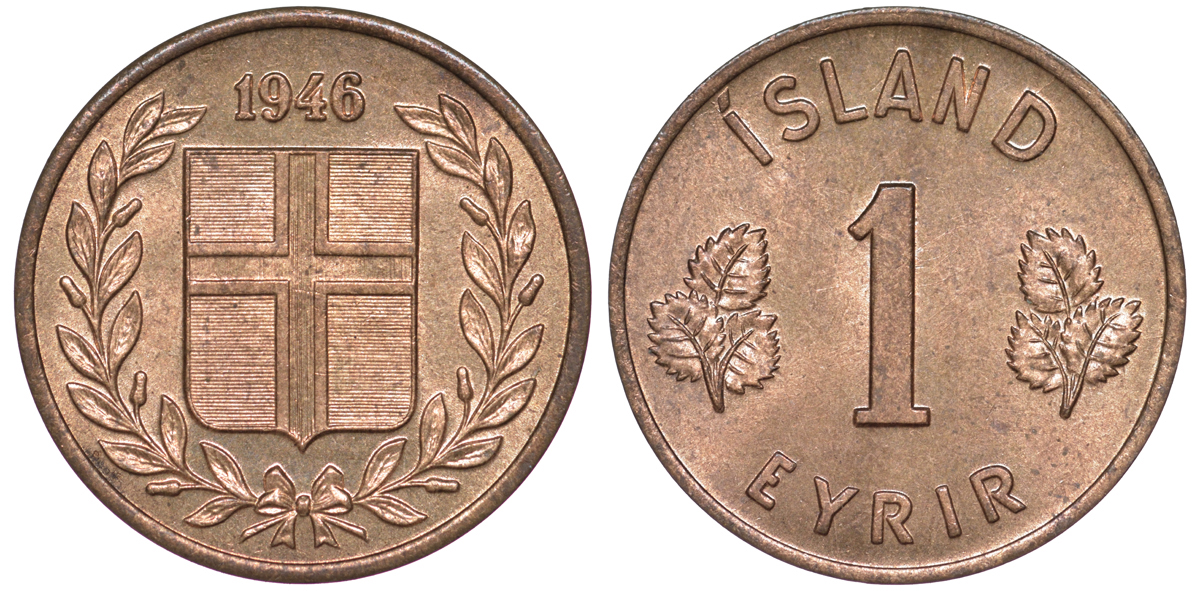 Исландия 1 эйре 1946 KM 8 бронза UNC 4596-219