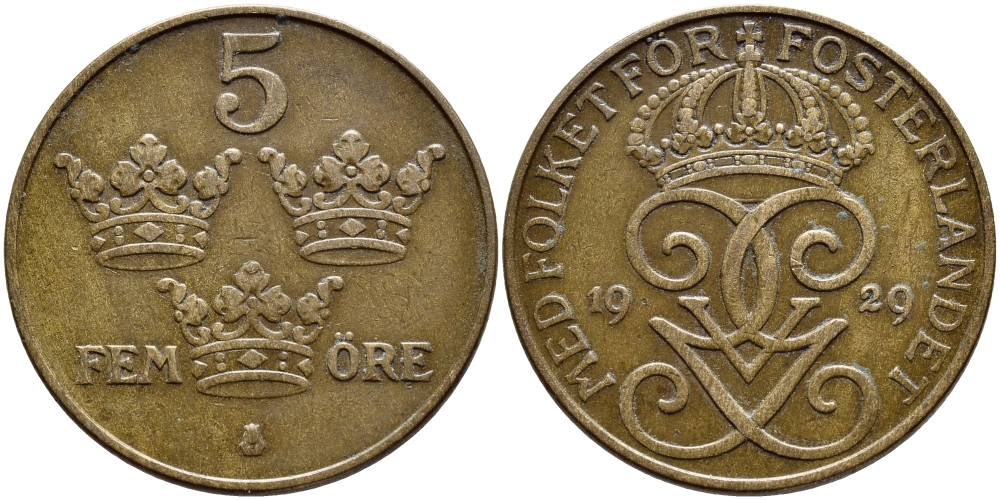 Швеция 5 эре 1929 Густав V (1907-1950) KM 779.2 бронза 4394-921