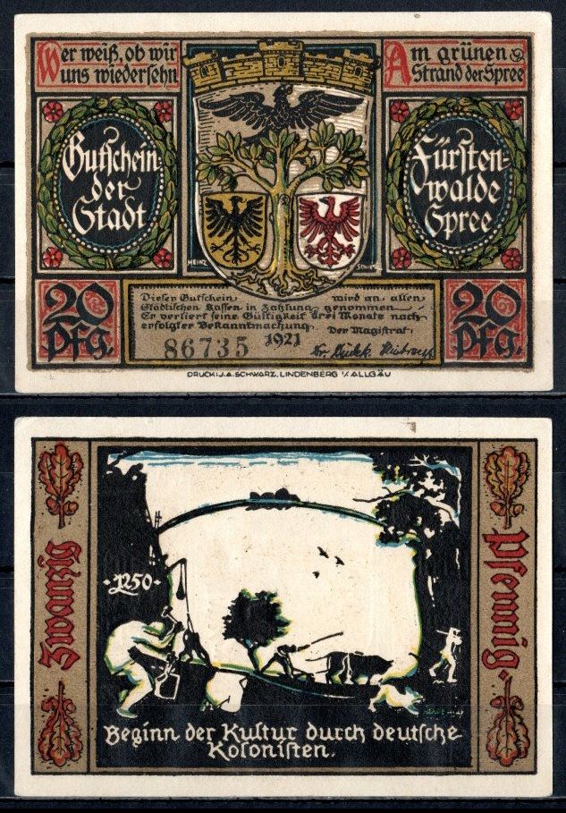 Фюрстенвальде (Пруссия, Бранденбург) 20 пфеннигов 1921 Mehl Grabowski 403.1a-1/15 бумага UNC (пресс) 7555-20-3-1