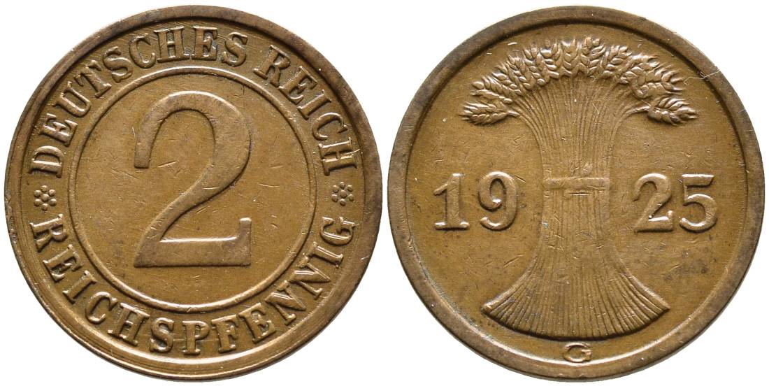 ГЕРМАНИЯ 2 РЕЙХСПФЕННИГА 1925 G, ВЕЙМАРСКАЯ РЕСПУБЛИКА (1919-1933) KM 38, Jager 314, Weege 4 бронза 4546-842