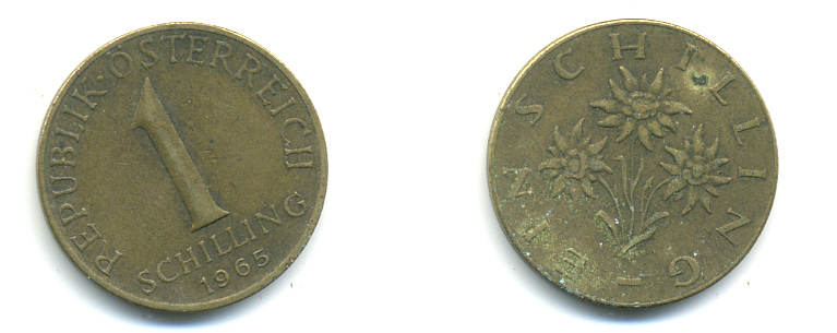 Австрия 1 шиллинг 1965 KM 2886 алюминиевая бронза 83-416