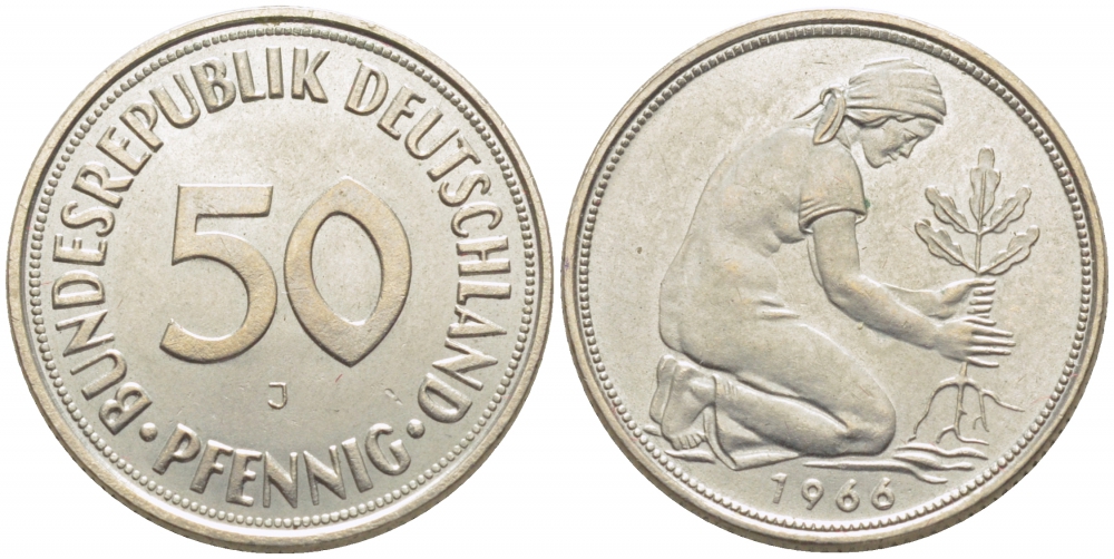 ФРГ 50 ПФЕННИГОВ 1966 J KM 109.1, J. 384 медно-никель UNC 4127-625