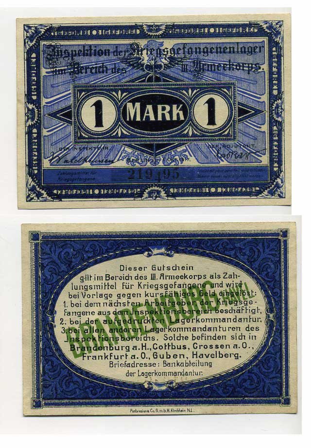 Германия 1 марка 1917 инспекция лагерей военнопленных в Бранденбурге, III-ий Армейский корпус C-2772 бумага UNC (пресс) 504-71-3-2