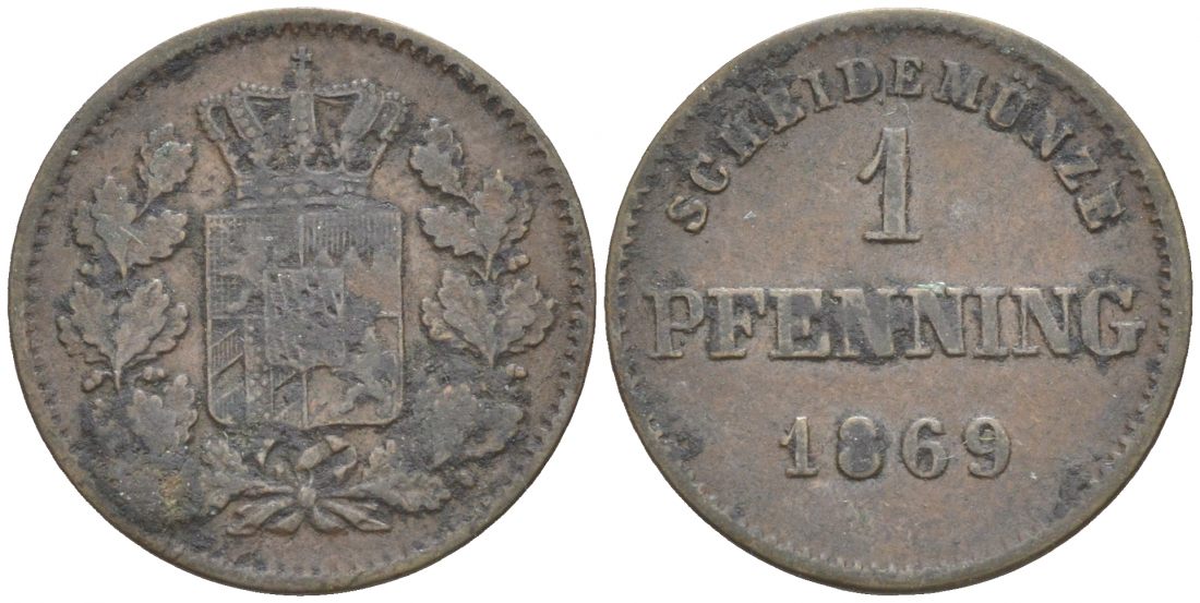 Бавария 1 пфенниг 1869 KM 471 медь 73-617