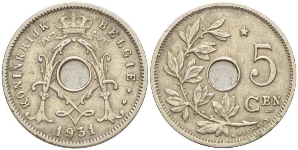 БЕЛЬГИЯ 5 САНТИМОВ 1931 BELGIE KM 94 медно-никель 3309-1262