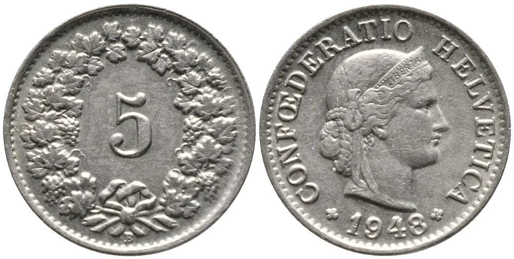 ШВЕЙЦАРИЯ 5 РАППЕНОВ 1948 KM 26 медно-никель 4528-635