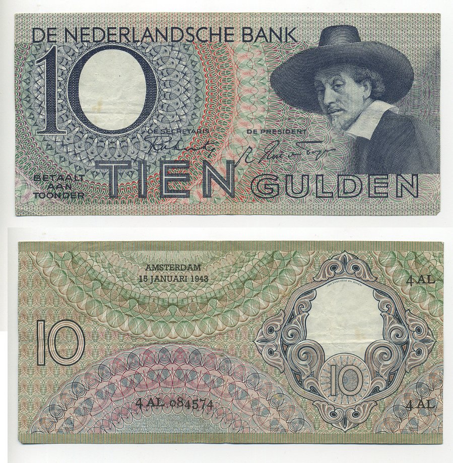 Нидерланды 10 гульденов 1943 Синдики (Рембрандт) Pick 59, Akkermans 32.1 бумага 6301-1-1