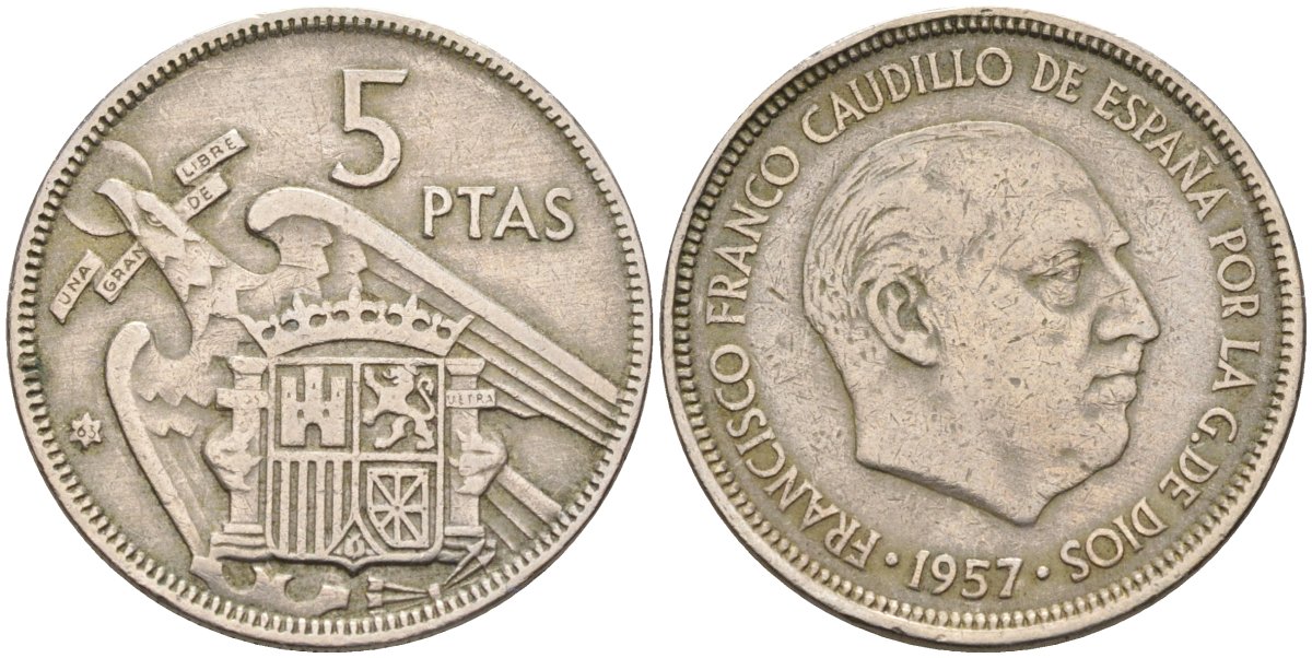 Испания 5 песет 1957(63) Франциско Франко (1939-1975) KM 786 медно-никель 4583-1213