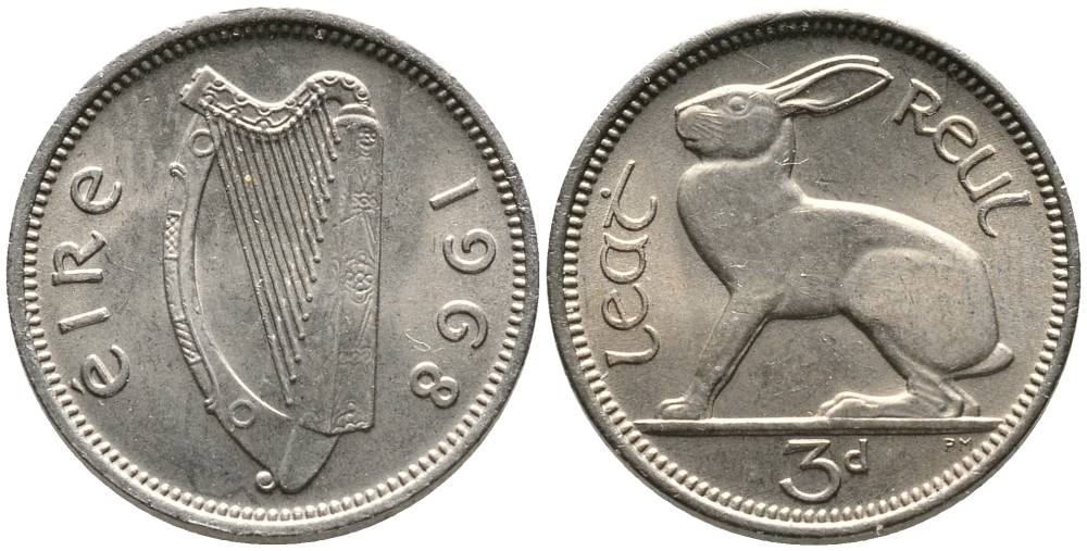 Ирландия 3 пенса 1968 заяц KM 12а медно-никель 4525-1131