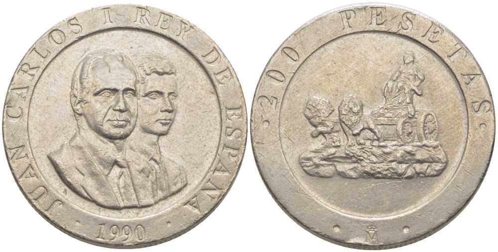 ИСПАНИЯ 200 ПЕСЕТ 1990 КОРОЛЬ И НАСЛЕДНЫЙ ПРИНЦ, ПОВОЗКА ЗАПРЯЖЕННАЯ ЛЬВАМИ, ХУАН КАРЛОС I (1975-) KM 855 медно-никель 117-226