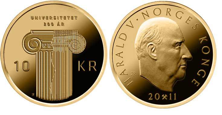 Норвегия 10 крон 2011 200 лет со дня основания первого университета Норвегии KM 484 никель латунь UNC M46-01