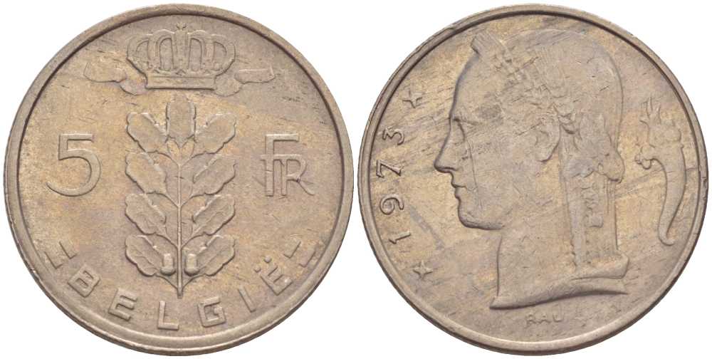 БЕЛЬГИЯ 5 ФРАНКОВ 1973 BELGIE, БОДУЭН I (1951-1993) KM 135.1 медно-никель 213-426