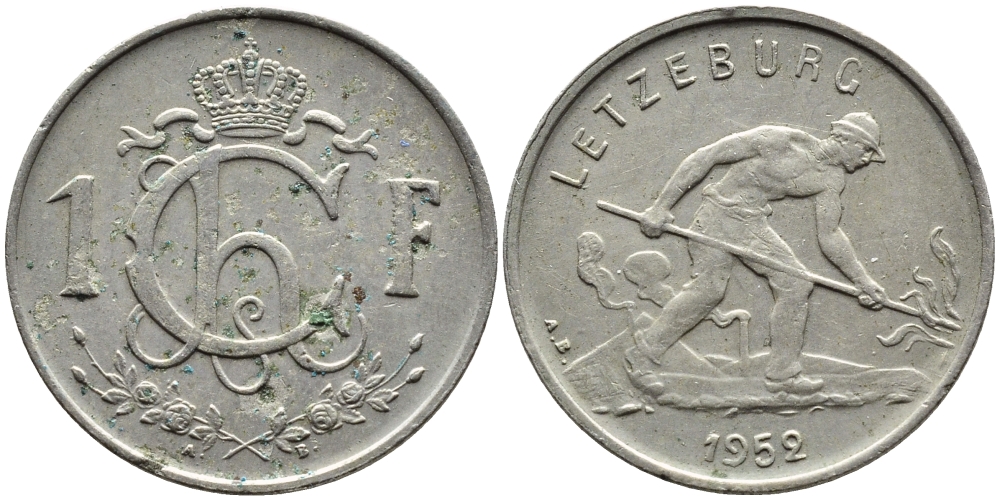 ЛЮКСЕМБУРГ 1 ФРАНК 1952 СТАЛЕВАР KM 46.2 медно-никель 4391-1051