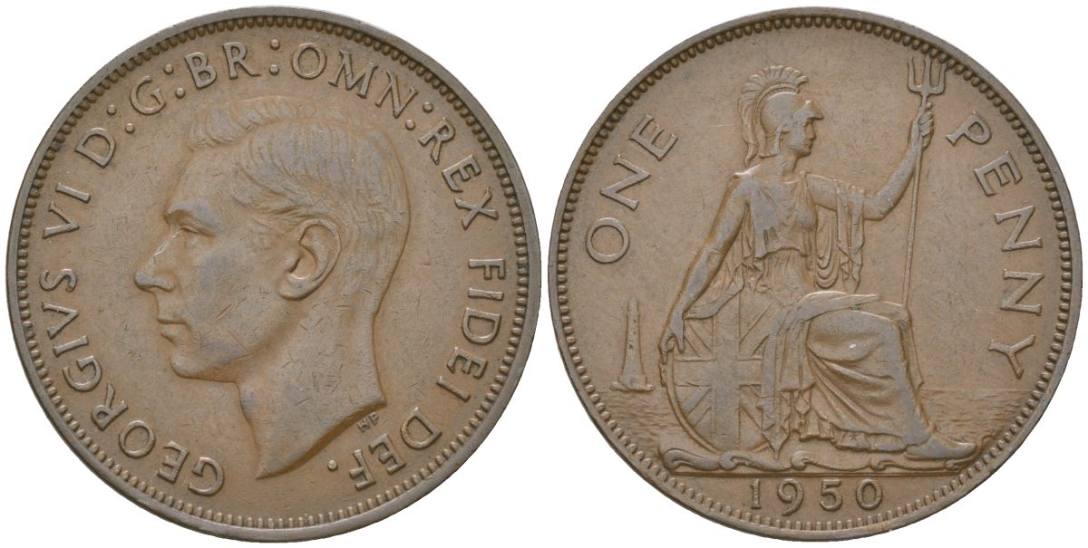 Великобритания 1 пенни 1950 Георг VI (1936-1952) KM 869, Spink 4117 бронза    82-846