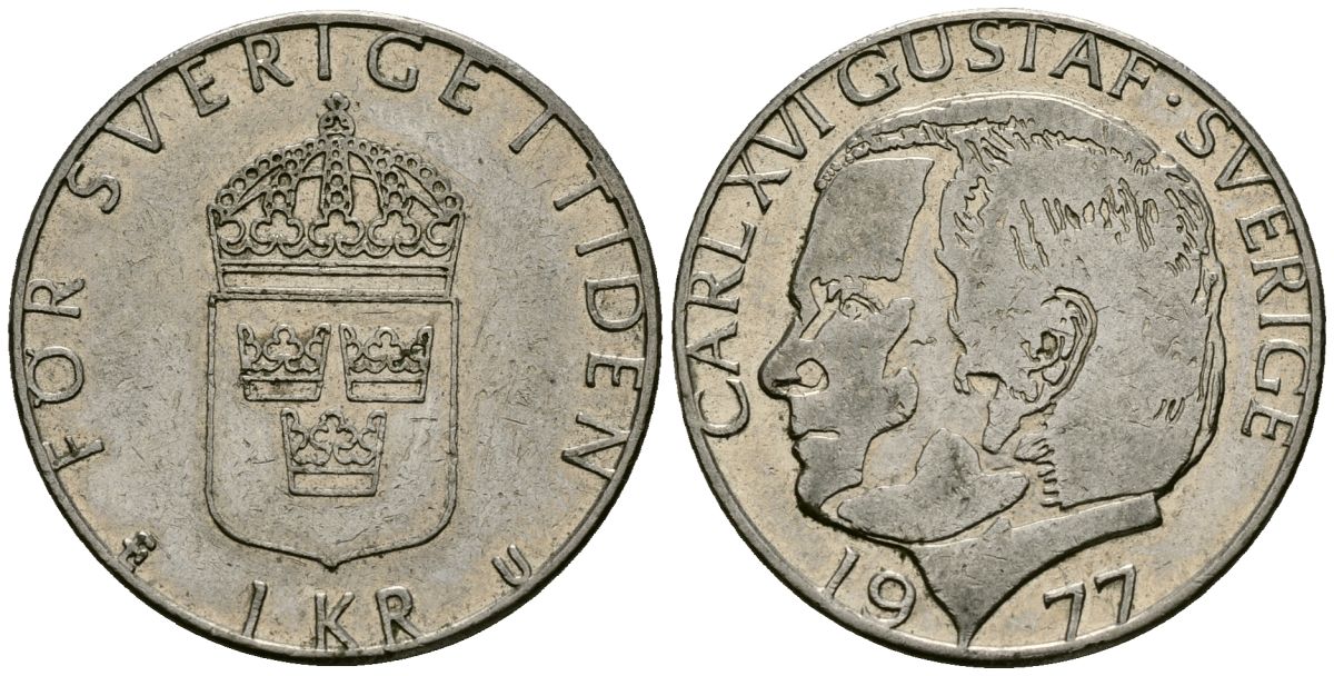 Швеция 1 крона 1977 Карл XVI Густав (1973- ) KM 852 медь плакированная медно-никелем 4176-553
