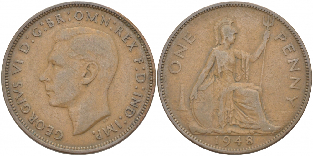 Великобритания 1 пенни 1948 Георг VI (1936-1952) KM 845, Spink 4114 бронза 215-335