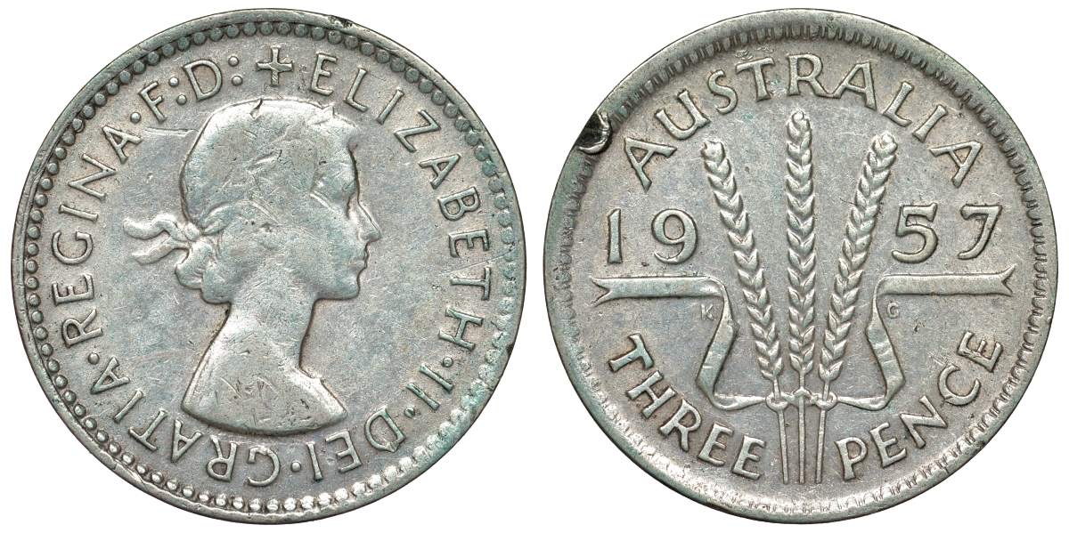 Австралия 3 пенса 1957 m, Елизавета II (1952-2022) KM 57 серебро 71-542
