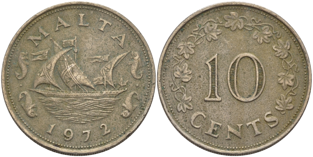 Мальта 10 центов 1972 баржа Великого магистра KM 11 медно-никель 82-335