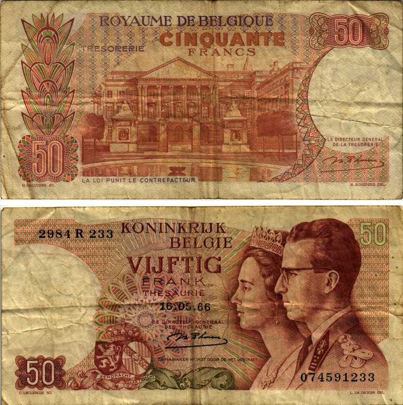 БЕЛЬГИЯ 50 ФРАНКОВ 1966 16 МАЯ 1966, ПОДПИСЬ 18, КОРОЛЬ БОДУЭН И КОРОЛЕВА ФАБИОЛА Pick 139 бумага 7219-43-1-2