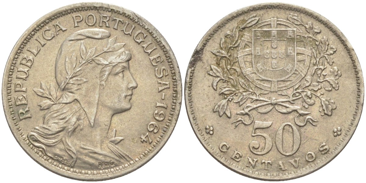 Португалия 50 сентаво 1964 голова Свободы вправо KM 577 медно-никель 219-855