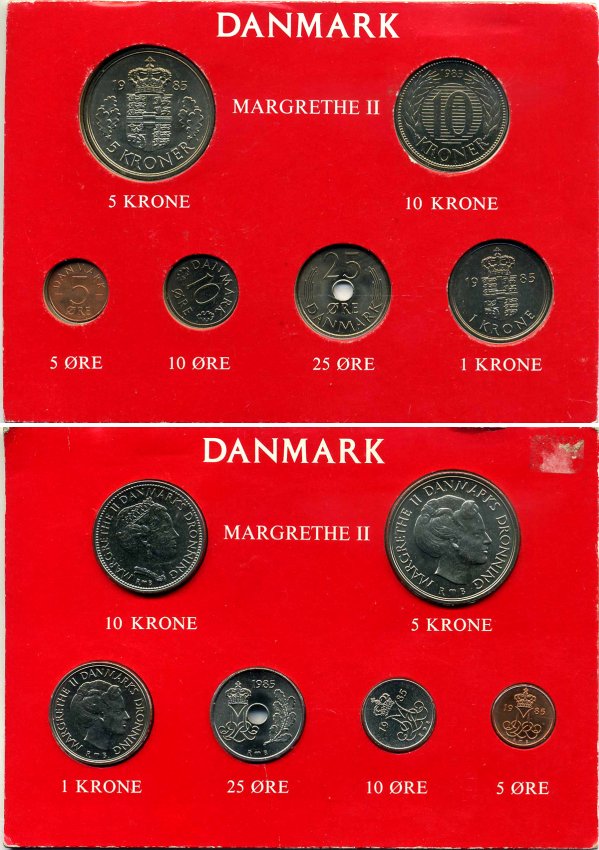 Дания набор из 6 монет 1985 Маргрете II, официальный, в картонном буклете KM MS 30 UNC 4-4-1-10
