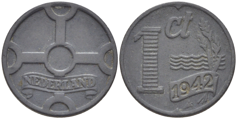 НИДЕРЛАНДЫ 1 ЦЕНТ 1942 ВИЛЬГЕЛЬМИНА (1890-1948) KM 170 цинк 76-551