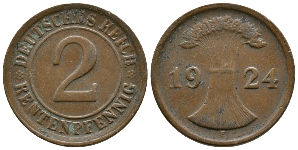 ГЕРМАНИЯ 2 РЕНТЕНПФЕННИГА 1924 E KM 31, J.307 бронза 86-1835