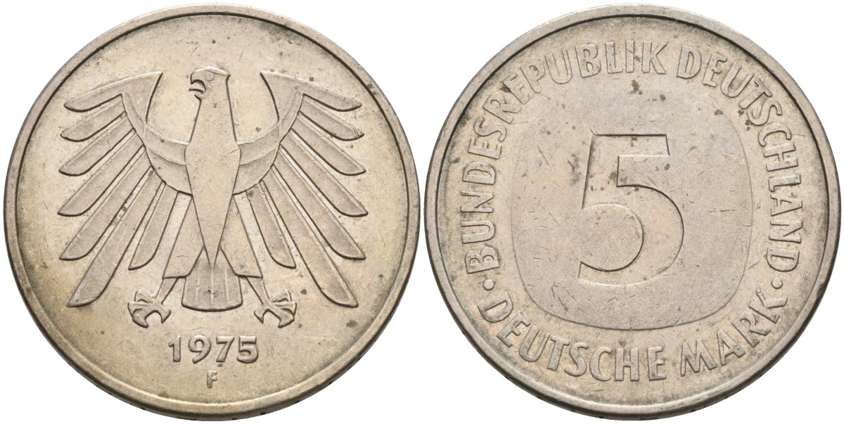 ФРГ 5 марок 1975 F, монетный двор Штутгарт КМ 140.1, J. 415 медно-никель плакированный никелем 4574-431