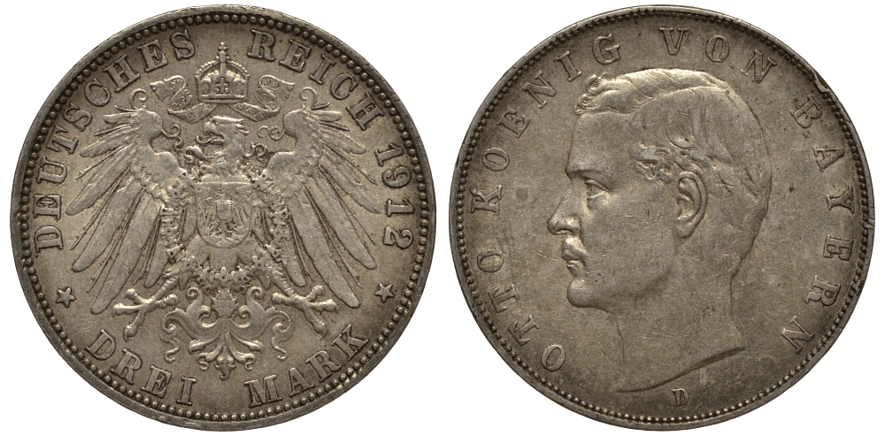 Бавария 3 марки 1912 Отто (1886-1913) Weege 45, J. 47, KM 515 серебро 3711-2113