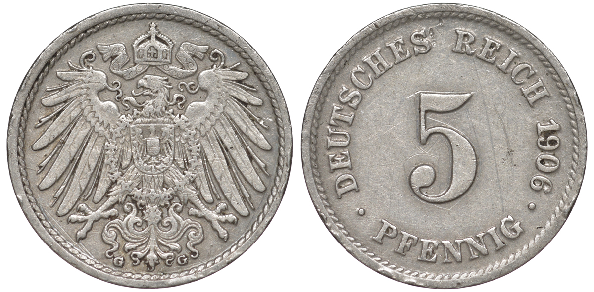 ГЕРМАНИЯ 5 ПФЕННИГОВ 1906 G, KM 11, J. 12 медно-никель 45-1127