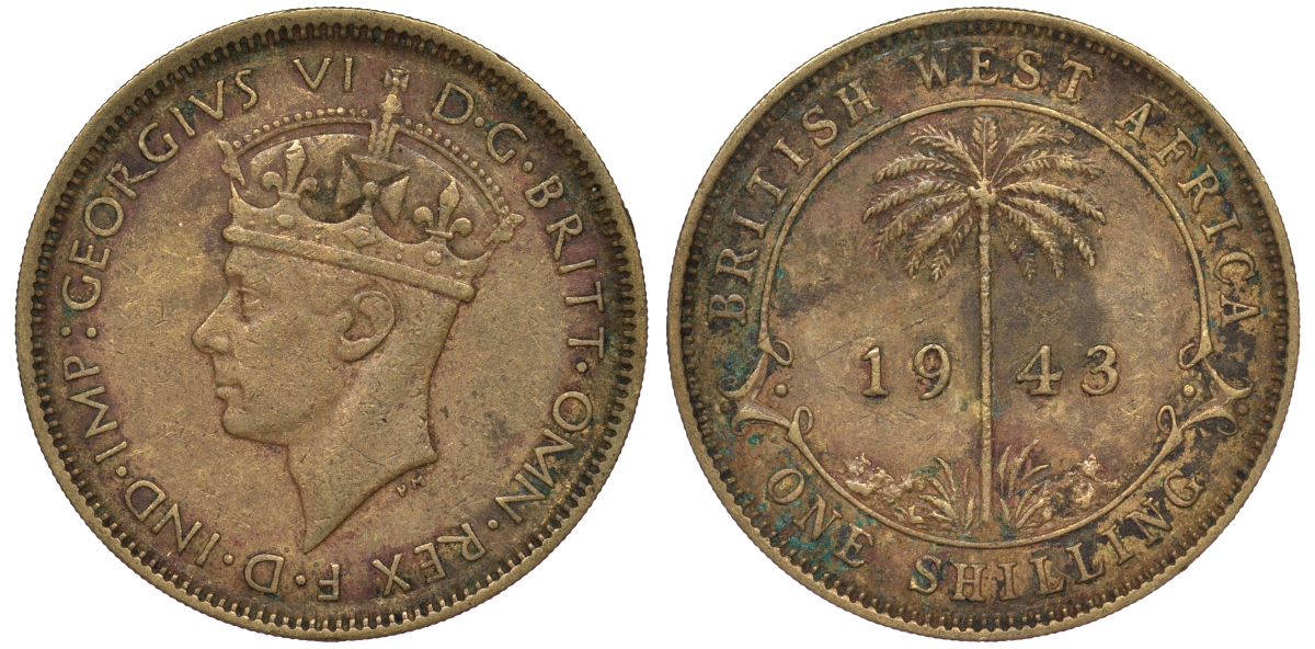 Британская Западная Африка 1 шиллинг 1943 Георг VI KM 23 никель латунь 25-1635